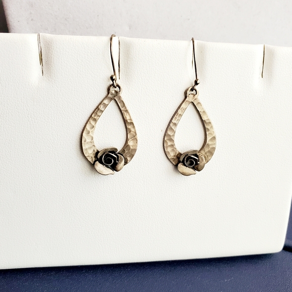 RL Israel Matte Sterling Hammered Teardrop Earrings with Roses - Picture 2 of 8